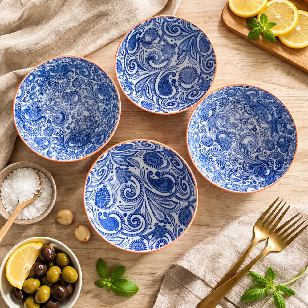 Ooh La La by BIA Cordon Bleu Paisley Floral Orange Rim Porcelain Bowls Set of 4 - Picture 7 of 8